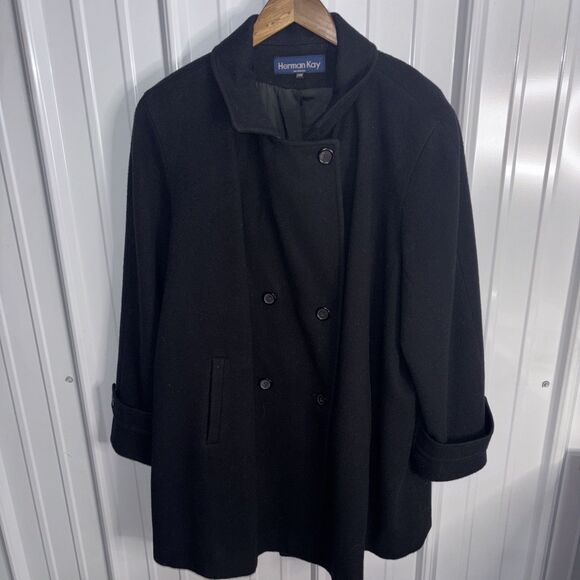 Herman Kay Woman Size 24 100% Wool Black Double Breasted Pea Coat - Picture 6 of 7